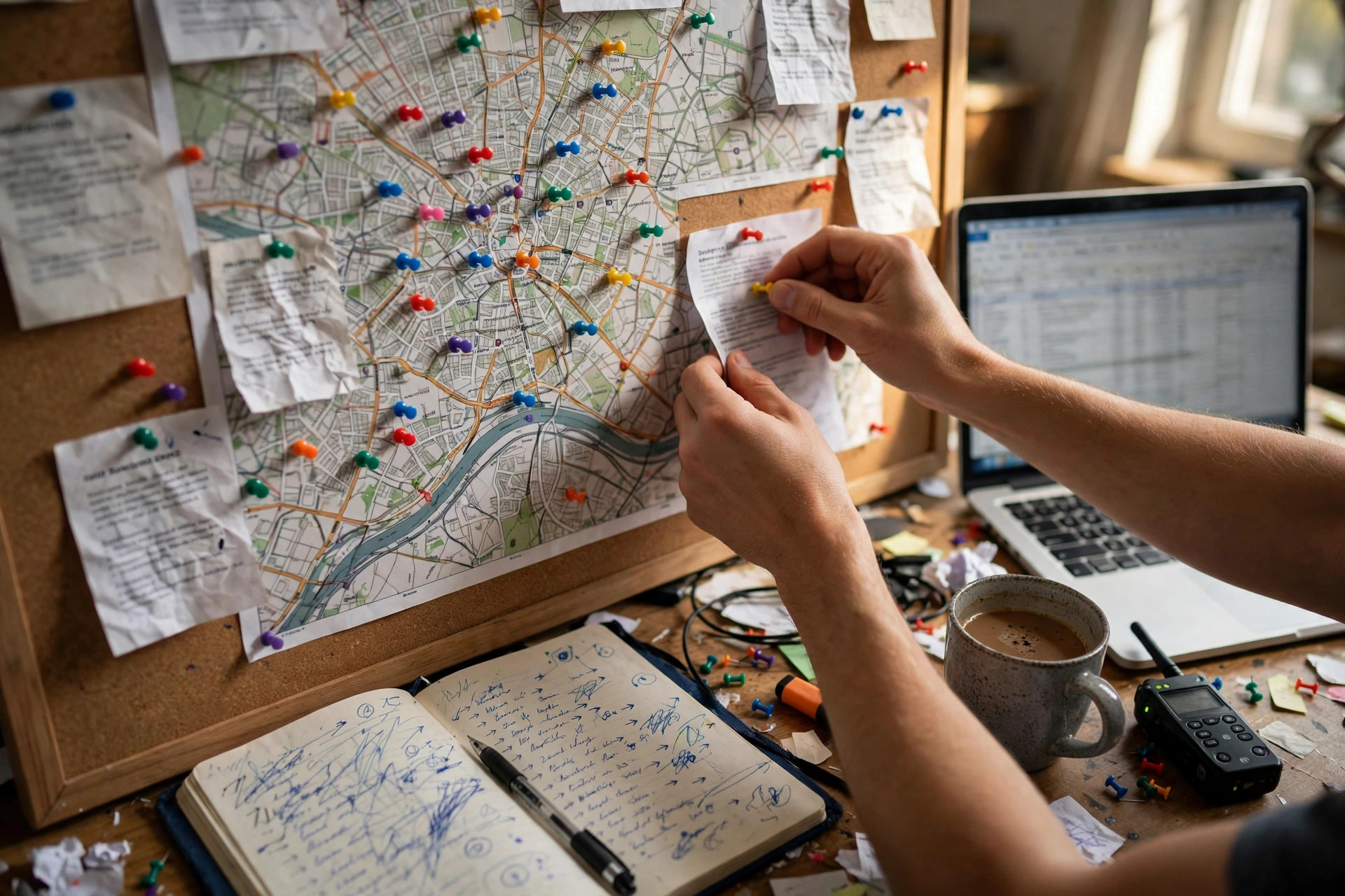 Hands pinning printed permit notices and restaurant announcements to a corkboard map